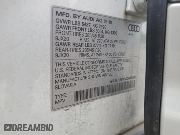 2018 Audi Q7 Premium Plus с VIN WA1LHAF73JD047088, выставлен на аукционе Copart как лот 58340075 с пробегом 56 240 миль миль и Списание • Salvage title. История ставок и продаж доступна на DreamBid. Изображение 13.