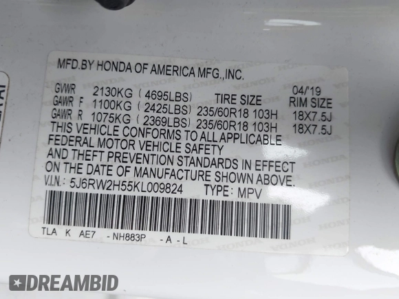 2019 Honda CR-V EX with VIN 5J6RW2H55KL009824, listed as a IAAI auction lot 41921911 with 93,690 mi miles and . Bid and sale history available at DreamBid. Image 9.