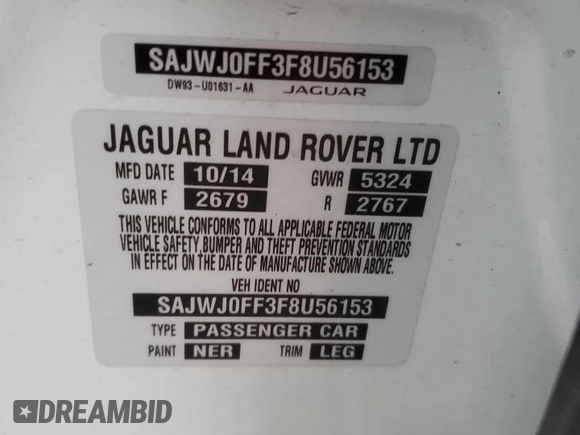 2015 Jaguar XF V6 Portfolio with VIN SAJWJ0FF3F8U56153, listed as a Copart auction lot 52743155 with 61,569 mi miles and Salvage Title. Bid and sale history available at carsss.com. Image 12.
