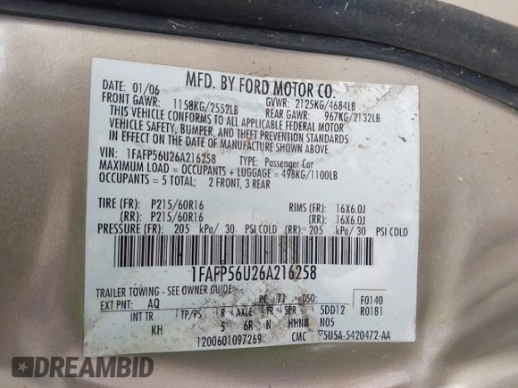 2006 Ford Taurus SEL z VIN 1FAFP56U26A216258, wystawiony jako IAAI lot #42153273 z przebiegiem Nie podano mil oraz . Historia ofert i sprzedaży dostępna na DreamBid. Obrazek 9.