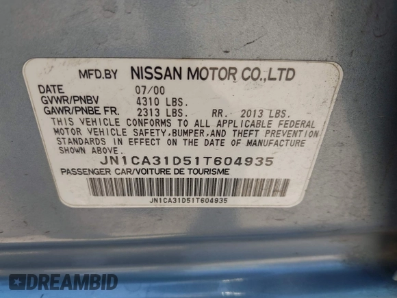 2001 Nissan Maxima GXE with VIN JN1CA31D51T604935, listed as a IAAI auction lot 42504918 with 253,407 mi miles and . Bid and sale history available at DreamBid. Image 9.