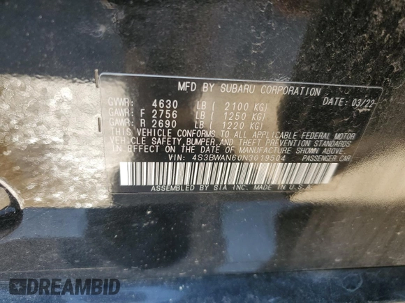 2022 Subaru Legacy Limited z VIN 4S3BWAN60N3019504, wystawiony jako Copart lot #56799925 z przebiegiem 32 153 mil mil oraz Szkoda całkowita • Salvage title. Historia ofert i sprzedaży dostępna na DreamBid. Obrazek 12.