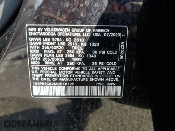 2021 Volkswagen Atlas SE with VIN 1V2PR2CA2MC516125, listed as a Copart auction lot 85739014 with 58,976 mi miles and Non repairable. Bid and sale history available at DreamBid. Image 13.