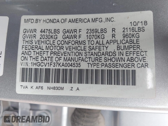 2019 Honda Accord Sedan Sport 1.5T with VIN 1HGCV1F37KA004535, listed as a IAAI auction lot 41867441 with 80,729 mi miles. Bid and sale history available at carsss.com. Image 9.