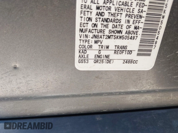2019 Nissan Rogue SV with VIN JN8AT2MT5KW505497, listed as a IAAI auction lot 41722539 with Not Provided miles and . Bid and sale history available at DreamBid. Image 9.