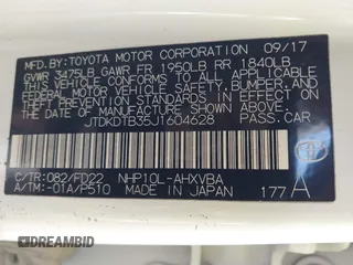 2018 Toyota Prius One with VIN JTDKDTB35J1604628, listed as a IAAI auction lot 41398306 with 315,738 mi miles and . Bid and sale history available at DreamBid. Image 8.