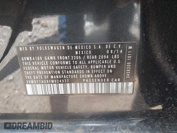 2015 Volkswagen GTI S с VIN 3VW5T7AU8FM024377, выставлен на аукционе IAAI как лот 42193872 с пробегом 58 169 миль миль и . История ставок и продаж доступна на DreamBid. Изображение 9.
