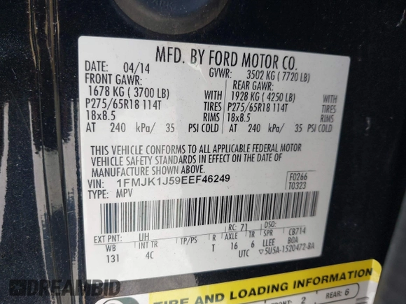 2014 Ford Expedition Max XLT с VIN 1FMJK1J59EEF46249, выставлен на аукционе IAAI как лот 42377758 с пробегом 168 483 миль миль и . История ставок и продаж доступна на DreamBid. Изображение 9.