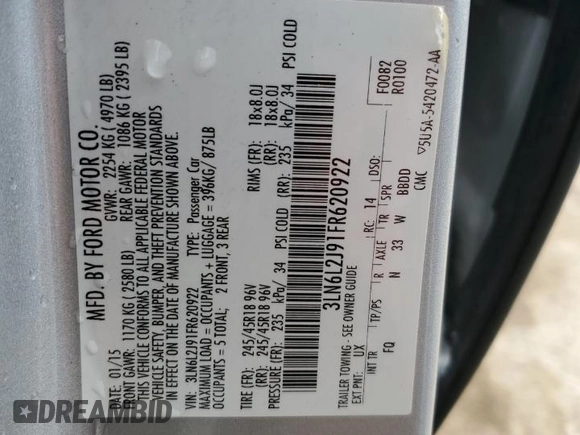 2015 Lincoln MKZ with VIN 3LN6L2J91FR620922, listed as a Copart auction lot 43745565 with Not provided miles and Salvage title. Bid and sale history available at DreamBid. Image 12.