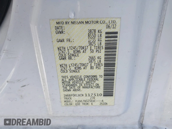 2012 Nissan NV S with VIN 1N6BF0KLXCN117510, listed as a IAAI auction lot 41649700 with 48,096 mi miles. Bid and sale history available at carsss.com. Image 9.
