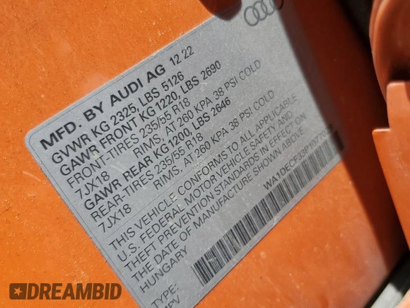 2023 Audi Q3 S line Premium with VIN WA1DECF33P1077028, listed as a Copart auction lot 56289525 with 50,014 mi miles and Salvage title. Bid and sale history available at DreamBid. Image 12.