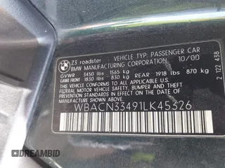 2001 BMW Z3 2.5 z VIN WBACN33491LK45326, wystawiony jako IAAI lot #42486182 z przebiegiem 142 530 mil mil oraz . Historia ofert i sprzedaży dostępna na DreamBid. Obrazek 9.
