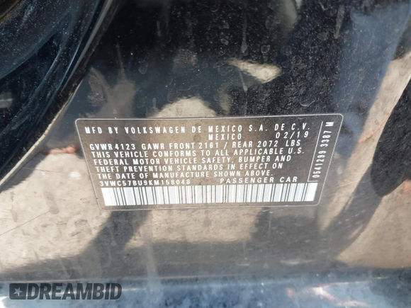 2019 Volkswagen Jetta S с VIN 3VWC57BU9KM158048, выставлен на аукционе IAAI как лот 42069644 с пробегом 131 738 миль миль и . История ставок и продаж доступна на DreamBid. Изображение 9.