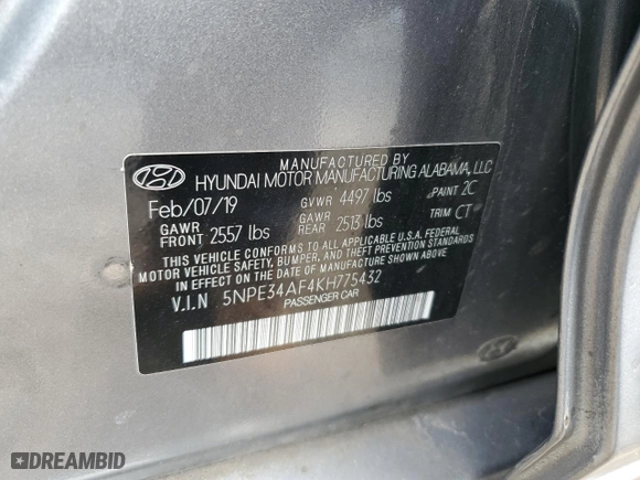 2019 Hyundai Sonata Sport with VIN 5NPE34AF4KH775432, listed as a Copart auction lot 49831775 with 68,894 mi miles and Salvage Title. Bid and sale history available at carsss.com. Image 14.