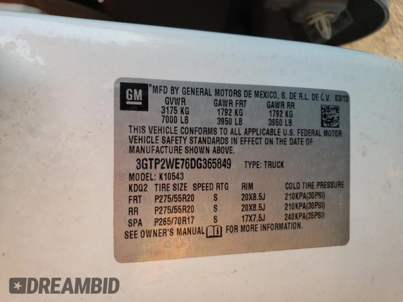 2013 GMC Sierra 1500 SLT with VIN 3GTP2WE76DG365849, listed as a Copart auction lot 46502855 with Not provided miles and Salvage title. Bid and sale history available at DreamBid. Image 14.