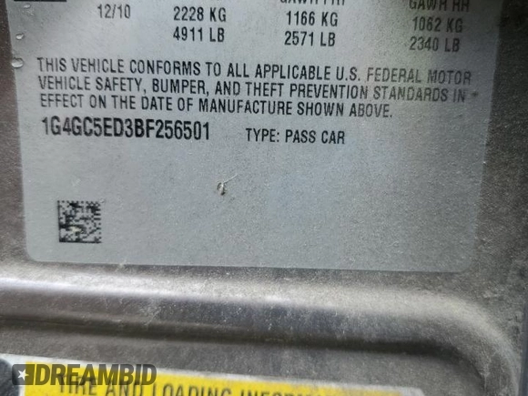 2011 Buick LaCrosse CXL with VIN 1G4GC5ED3BF256501, listed as a Copart auction lot 56976895 with 223,600 mi miles and Salvage title. Bid and sale history available at DreamBid. Image 13.
