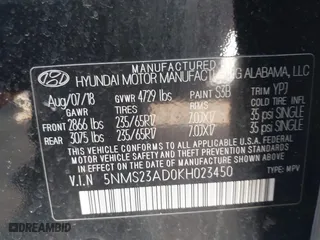 2019 Hyundai Santa Fe SE with VIN 5NMS23AD0KH023450, listed as a IAAI auction lot 41971233 with 52,109 mi miles. Bid and sale history available at carsss.com. Image 9.