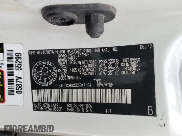 2012 Toyota Sienna XLE with VIN 5TDDK3DCXCS047104, listed as a Copart auction lot 53521335 with 184,269 mi miles and Clean Title. Bid and sale history available at DreamBid. Image 13.