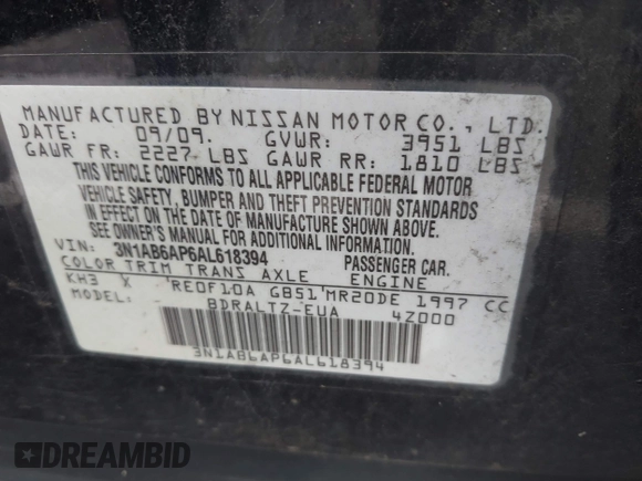 2010 Nissan Sentra S with VIN 3N1AB6AP6AL618394, listed as a IAAI auction lot 41936359 with 103,678 mi miles and . Bid and sale history available at DreamBid. Image 9.