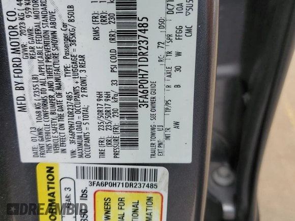 2013 Ford Fusion SE with VIN 3FA6P0H71DR237485, listed as a Copart auction lot 55383015 with 146,383 mi miles and Salvage title. Bid and sale history available at DreamBid. Image 12.