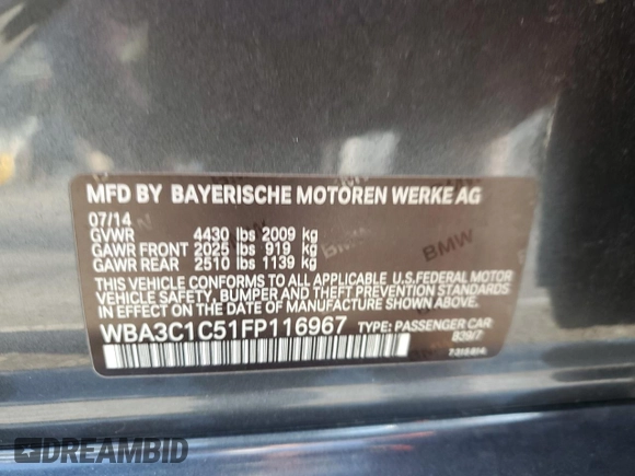 2015 BMW 3 Series 328i with VIN WBA3C1C51FP116967, listed as a Copart auction lot 65348565 with 93,052 mi miles and Salvage title. Bid and sale history available at DreamBid. Image 12.