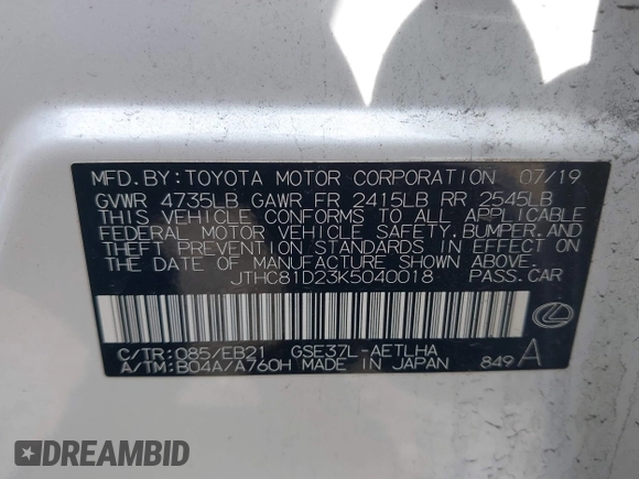 2019 Lexus IS 300 with VIN JTHC81D23K5040018, listed as a IAAI auction lot 41824842 with 40,039 mi miles and . Bid and sale history available at DreamBid. Image 9.