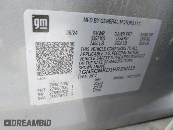 2024 Chevrolet Tahoe LS z VIN 1GNSCMKD1RR300119, wystawiony jako IAAI lot #41996803 z przebiegiem 19 003 mil mil oraz . Historia ofert i sprzedaży dostępna na DreamBid. Obrazek 9.