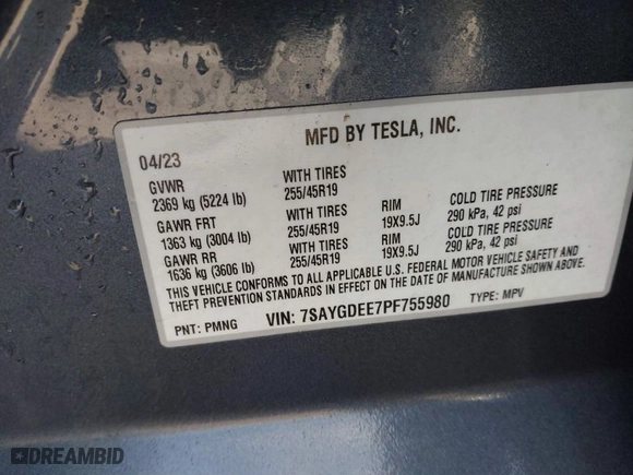 2023 Tesla Model Y Long Range with VIN 7SAYGDEE7PF755980, listed as a IAAI auction lot 41781433 with 31,427 mi miles. Bid and sale history available at carsss.com. Image 9.