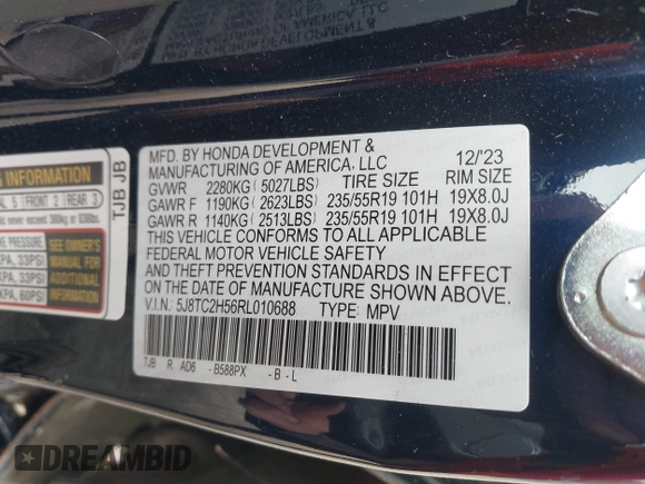 2024 Acura RDX Technology with VIN 5J8TC2H56RL010688, listed as a IAAI auction lot 42064217 with 9,873 mi miles and . Bid and sale history available at DreamBid. Image 9.