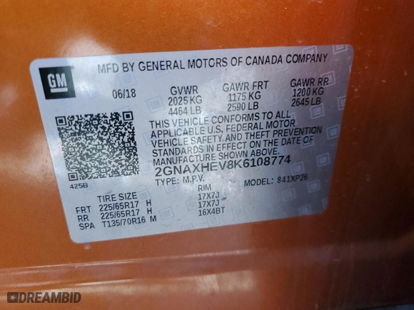 2019 Chevrolet Equinox LS with VIN 2GNAXHEV8K6108774, listed as a Copart auction lot 46528695 with 76,128 mi miles and Salvage Title. Bid and sale history available at carsss.com. Image 15.