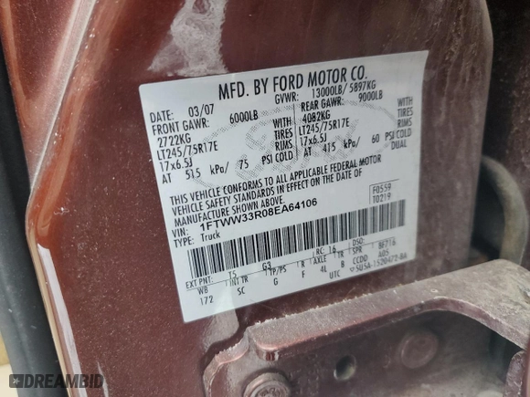2008 Ford Super Duty F-350 DRW XL with VIN 1FTWW33R08EA64106, listed as a Copart auction lot 45463525 with 91,850 mi miles and Salvage Title. Bid and sale history available at carsss.com. Image 14.