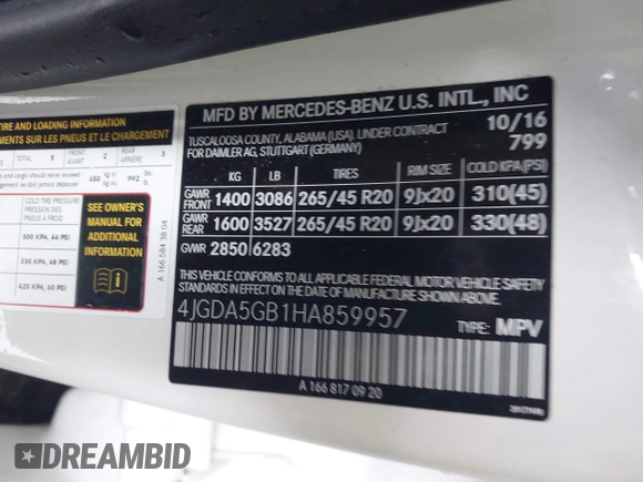 2017 Mercedes-Benz GLE 400 with VIN 4JGDA5GB1HA859957, listed as a IAAI auction lot 41946521 with 88,696 mi miles and . Bid and sale history available at DreamBid. Image 9.