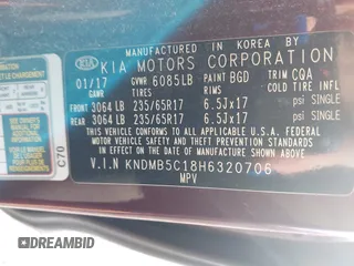 2017 Kia Sedona LX with VIN KNDMB5C18H6320706, listed as a IAAI auction lot 42007075 with 276,674 mi miles. Bid and sale history available at carsss.com. Image 9.