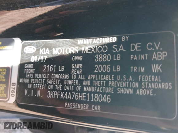 2017 Kia Forte LX with VIN 3KPFK4A76HE118046, listed as a IAAI auction lot 42004956 with 146,822 mi miles. Bid and sale history available at carsss.com. Image 9.