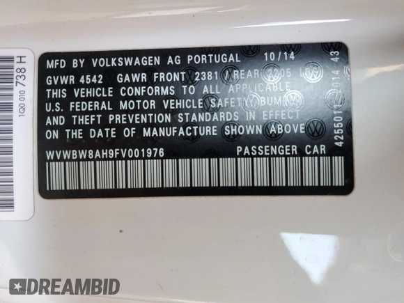 2015 Volkswagen Eos Komfort с VIN WVWBW8AH9FV001976, выставлен на аукционе Copart как лот 59529925 с пробегом 54 520 миль миль и Списание • Salvage title. История ставок и продаж доступна на DreamBid. Изображение 12.