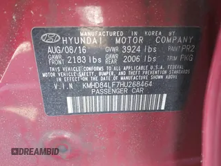 2017 Hyundai Elantra Value Edition z VIN KMHD84LF7HU268464, wystawiony jako IAAI lot #41641826 z przebiegiem 184 174 mil mil oraz . Historia ofert i sprzedaży dostępna na DreamBid. Obrazek 9.