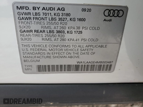 2021 Audi e-tron Premium Plus with VIN WA1LAAGE4MB003487, listed as a Copart auction lot 82790024 with 28,165 mi miles and Salvage title. Bid and sale history available at DreamBid. Image 13.