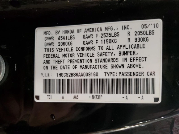 2010 Honda Accord Cpe EX-L with VIN 1HGCS2B86AA009160, listed as a Copart auction lot 86660294 with NaN miles and Clean Title. Bid and sale history available at carsss.com. Image 12.