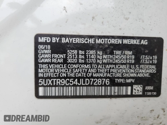 2018 BMW X3 xDrive30i with VIN 5UXTR9C54JLD72876, listed as a Copart auction lot 49779115 with 86,105 mi miles and Salvage Title. Bid and sale history available at DreamBid. Image 13.