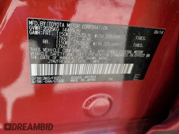 2014 Toyota RAV4 LE with VIN JTMZFREV6EJ017479, listed as a Copart auction lot 56986365 with 193,995 mi miles and Salvage title. Bid and sale history available at DreamBid. Image 13.
