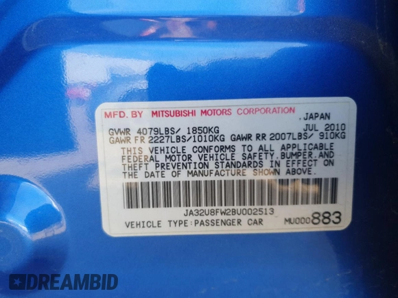 2011 Mitsubishi Lancer GTS z VIN JA32U8FW2BU002513, wystawiony jako Copart lot #54225625 z przebiegiem 175 583 mil mil oraz Szkoda całkowita • Salvage title. Historia ofert i sprzedaży dostępna na DreamBid. Obrazek 12.
