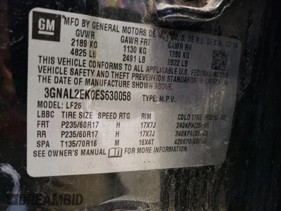 2014 Chevrolet Captiva Sport LS with VIN 3GNAL2EK0ES630058, listed as a Copart auction lot 42397184 with 113,578 mi miles and Salvage Title. Bid and sale history available at DreamBid. Image 15.