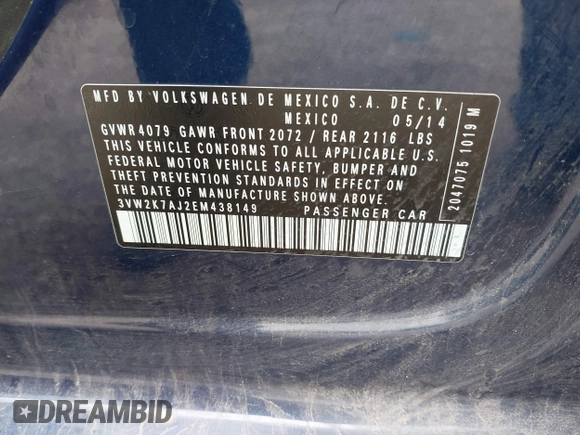 2014 Volkswagen Jetta S with VIN 3VW2K7AJ2EM438149, listed as a IAAI auction lot 42594264 with 54,675 mi miles and . Bid and sale history available at DreamBid. Image 9.