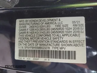 2021 Honda Passport EX-L z VIN 5FNYF8H55MB023278, wystawiony jako IAAI lot #42060014 z przebiegiem 51 674 mil mil oraz . Historia ofert i sprzedaży dostępna na DreamBid. Obrazek 9.