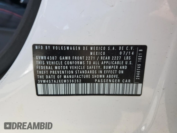 2014 Volkswagen Jetta GLI Edition 30 with VIN 3VW4S7AJXEM336252, listed as a Copart auction lot 72886814 with 121,728 mi miles and Salvage title. Bid and sale history available at DreamBid. Image 14.