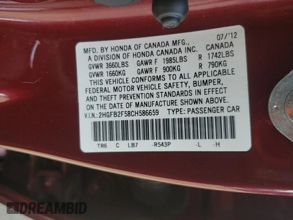 2012 Honda Civic LX z VIN 2HGFB2F58CH586659, wystawiony jako Copart lot #72811904 z przebiegiem 124 750 mil mil oraz Nie do naprawy • Non repairable. Historia ofert i sprzedaży dostępna na DreamBid. Obrazek 13.