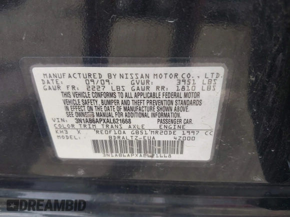 2010 Nissan Sentra S with VIN 3N1AB6APXAL621668, listed as a IAAI auction lot 42656830 with 154,484 mi miles and . Bid and sale history available at DreamBid. Image 9.