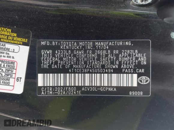 2005 Toyota Solara SE z VIN 4T1CE38P45U503494, wystawiony jako IAAI lot #42542850 z przebiegiem 197 503 mil mil oraz . Historia ofert i sprzedaży dostępna na DreamBid. Obrazek 9.