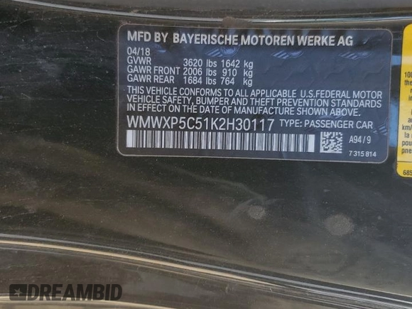 2019 MINI Hardtop Cooper with VIN WMWXP5C51K2H30117, listed as a Copart auction lot 55526285 with 52,764 mi miles and Salvage title. Bid and sale history available at DreamBid. Image 13.