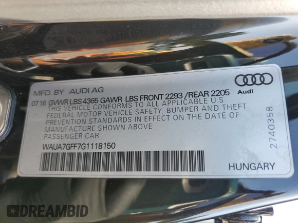 2016 Audi A3 1.8T Premium with VIN WAUA7GFF7G1118150, listed as a Copart auction lot 68070413 with 74,778 mi miles. Bid and sale history available at carsss.com. Image 13.
